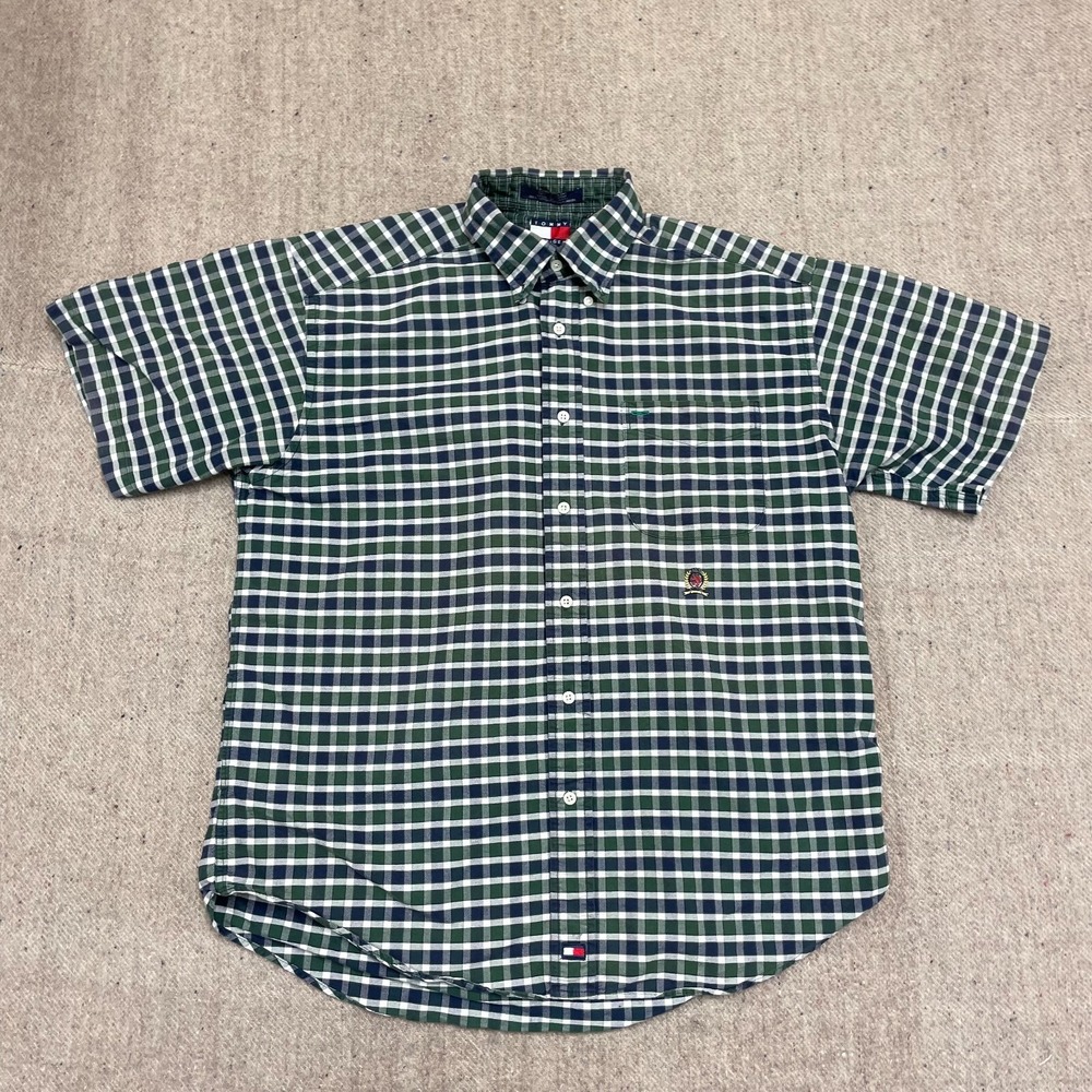 Vintage Plaid Button Up Shirt Men Medium Green 1990s Tommy Hilfiger